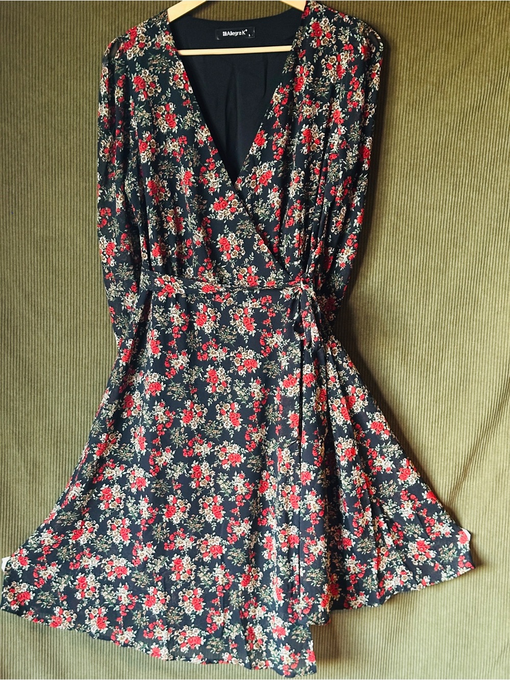 Allegra K Black Floral Wrap Maxi Dress with Red and Cream Blooms